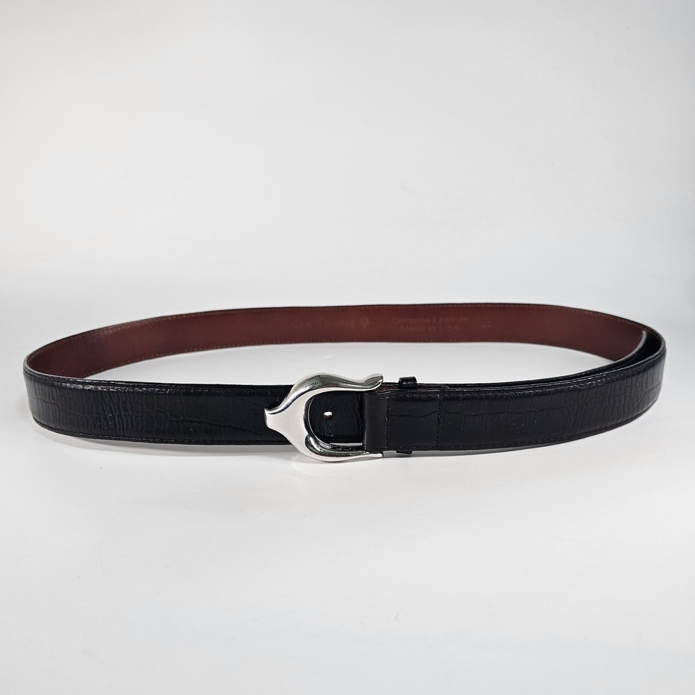 Brian Toohey Leather Belt 42 Black & Silver Hardware Croc Embossed Made In USA